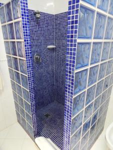 a shower with blue tiled walls and blue tiles at Villa Paloma in Orba