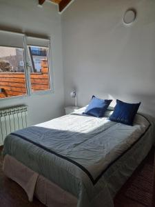 a bedroom with a bed with blue pillows and a window at Los Reales in Esquel