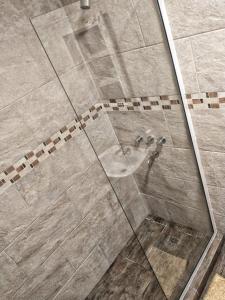 a shower with a glass door with a sink at La Colmena Aparts in El Calafate