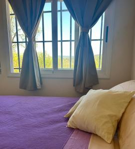 Schlafzimmer mit blauen Vorhängen und einem Bett mit Kissen in der Unterkunft El Satélite in Cordoba