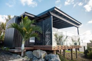 a glass house with a palm tree in front of it at Aotearoa Surf Eco Pods in Te Arai