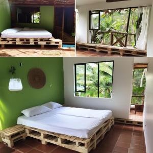 2 fotos de un dormitorio con cama y ventana en Eco-Conscious Oasis Punta Arena 01, en Playa Punta Arena