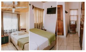 two pictures of a bedroom with a bed and a tv at Hotel Casa Amelia in Flores