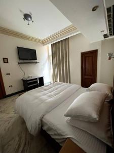 a bedroom with a large bed and a television at The Glasshouse Pools in Cairo