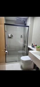 a bathroom with a shower with a toilet and a sink at Apartamento 2 quartos com 1 suite in Serra