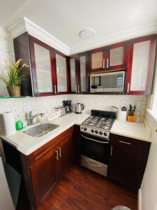 una cocina con fregadero y estufa horno superior en Ocean Walk by Miami Ambassadors, en Miami Beach