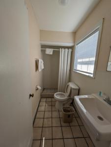 a bathroom with a toilet and a sink and a window at Economy Inn Kingsville in Kingsville