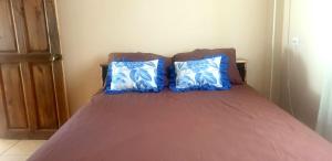 Una cama con dos almohadas azules encima. en Pacos Place, en Puerto Viejo
