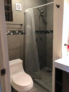 a bathroom with a toilet and a shower at Descanso y diversión 10 min de Puente Int Mission in Reynosa