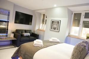 a bedroom with a bed and a couch and a television at The Arundell Hotel in Boston