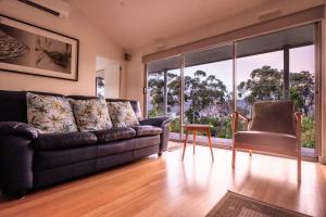 a living room with a couch and large windows at Driftwood in Coles Bay