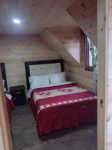 1 dormitorio con 1 cama en una cabaña de madera en Cabañas San Francisco, 