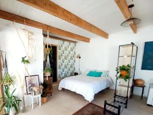 ein Schlafzimmer mit einem Bett, einem Spiegel und Pflanzen in der Unterkunft Les Jasmins in Roquebrune-sur-Argens