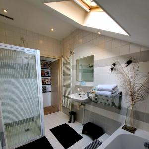 y baño con ducha y lavamanos. en Carmen's Stay In - Jaagweg 13 Ilpendam, en Ilpendam