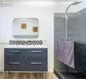 y baño con lavabo azul y ducha. en Appartement T4 central quartier Saint-Georges -Le Picomax-, en Toulouse