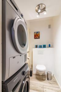 a washer and dryer in a bathroom with a toilet at Appartement T4 central quartier Saint-Georges -Le Picomax- in Toulouse