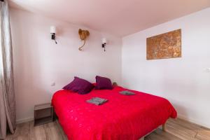 - une chambre avec un lit rouge et une couverture rouge dans l'établissement Appartement T4 central quartier Saint-Georges -Le Picomax-, à Toulouse