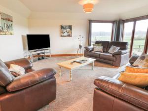 sala de estar con muebles de cuero y TV de pantalla plana en Middle Byre, en Castle Douglas
