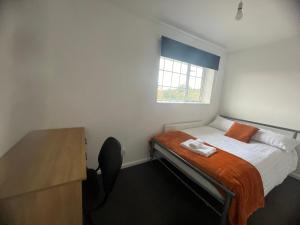 een slaapkamer met een bed, een bureau en een raam bij The Coral Guest House 3 Winchester in Winchester