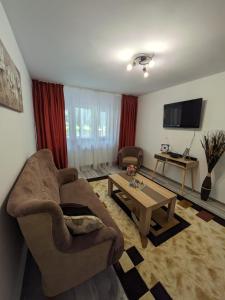 - un salon avec un canapé et une table basse dans l'établissement Apartamentul ALFA, à Slănic-Moldova