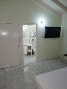 Zimmer mit einem Bett und einem TV an der Wand in der Unterkunft Tropical Blessings - Ocho Rios in Saint Mary