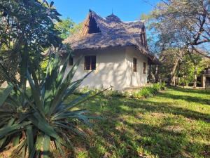 a small white house with a thatched roof at Cove House House 60 m2 Creekside Indian Ocean in Shimoni