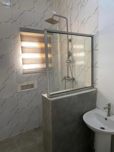 a bathroom with a sink and a glass shower at Zenith abode in Abuja