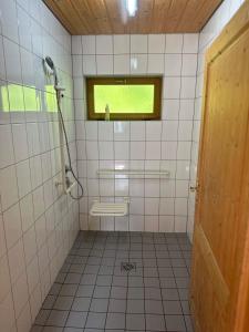 a small bathroom with a shower and a window at ZeitFürMich in Losheim