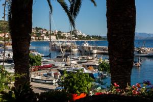 un grupo de barcos atracados en un puerto con palmeras en Holiday Home Porat, en Podgora