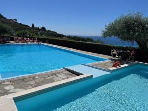 a large swimming pool with blue water and a hill at 'Impy' House in Finale Ligure