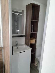 a bathroom with a white sink and a shelf at camping la carabasse in Vias