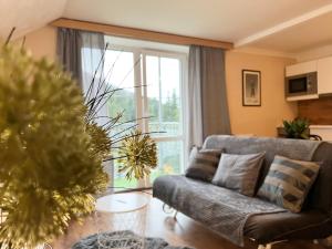 a living room with a couch and a large window at Apartmány Gryf Harrachov in Harrachov