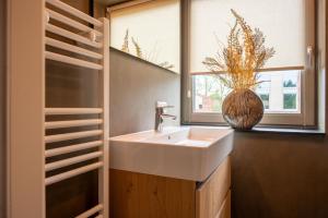 La salle de bains est pourvue d'un lavabo et d'une fenêtre. dans l'établissement Parc La Dune Dutch Lodge, à Warmenhuizen
