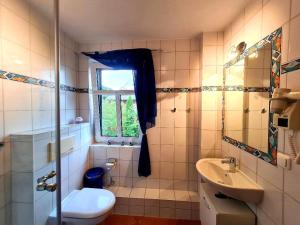 a bathroom with a toilet and a sink and a window at Hus Sünnschien in Alt Reddevitz