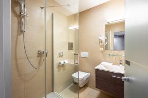 a bathroom with a shower and a toilet and a sink at Das Reinisch Hotel & Restaurant in Schwechat