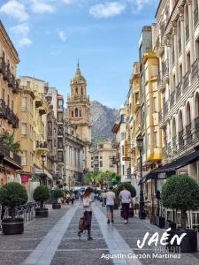 a group of people walking down a city street at Centro Catedral Carrera 27, 1 plaza de aparcamiento y NETFLIX gratis in Jaén