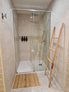 La salle de bains est pourvue d'une douche avec une porte en verre et une échelle. dans l'établissement Loft acogedor cerca de Barcelona, à Terrassa