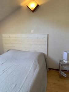 a bedroom with a bed and a light on the wall at le gite des vignes Studio tout confort 1 chambre dans le vignoble Franche Comte Arbois in Arbois