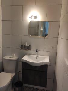 a bathroom with a sink and a toilet and a mirror at Guest House Banuri in Kutaisi