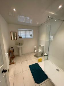 a bathroom with a shower and a toilet and a sink at The Fiddichside Inn in Aberlour