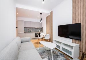 Una sala de estar con un sofá y un televisor de pantalla plana. en GH Luxury Apartment, en Cracovia