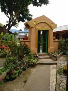 una pequeña casa con una puerta verde y algunas plantas en Charlie's House, en Pai