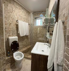 a bathroom with a toilet and a sink at Apartment in central Bucharest in Bucharest