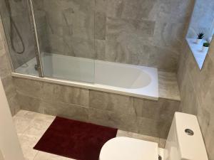 a bathroom with a tub and a toilet and a sink at Spectacular 2 Bed Apartment With Lovely Terrace - 1 The Southwell in London