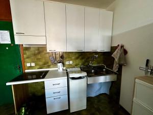 una piccola cucina con armadi bianchi e lavandino di Lighthouse Apartment in center of Udine a Udine