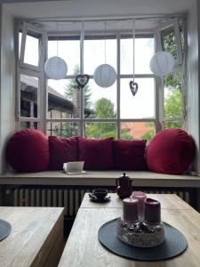 a living room with a red couch in front of a window at Ferienwohnung im Obstgarten in Bad Pyrmont