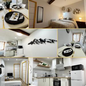 un collage de fotos de una cocina y una habitación en Beau petit appartement au coeur de l'ariege. en Tarascon-sur-Ariège