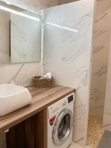 a bathroom with a washing machine and a sink at La Prom 2 - a two bedroom apartment with a sea view in Nice