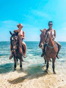 twee vrouwen paardrijden in het water op het strand bij Cape Rose2 in Gili Trawangan