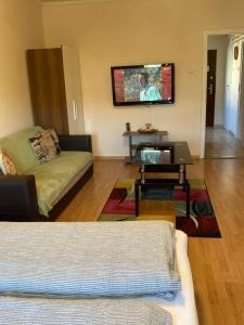 a living room with a couch and a flat screen tv at Center One Apartman in Debrecen